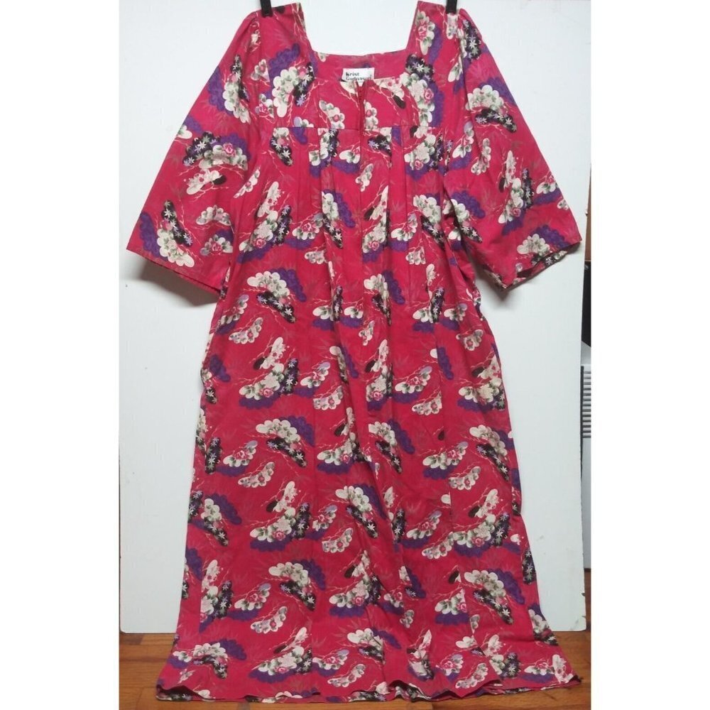 Krist Gudnason Womens Vintage Maxidress Housedress L/XL Pink Floral Pockets EUC